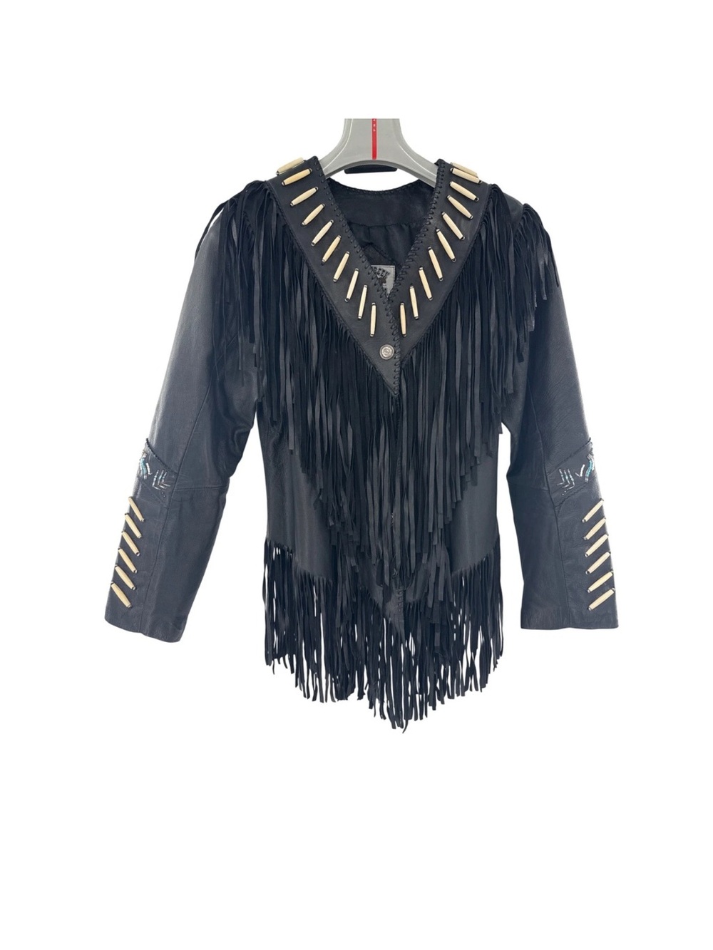 Fox Creek Leather Co Women's Black Fringe Beaded Leather Jacket Size XS